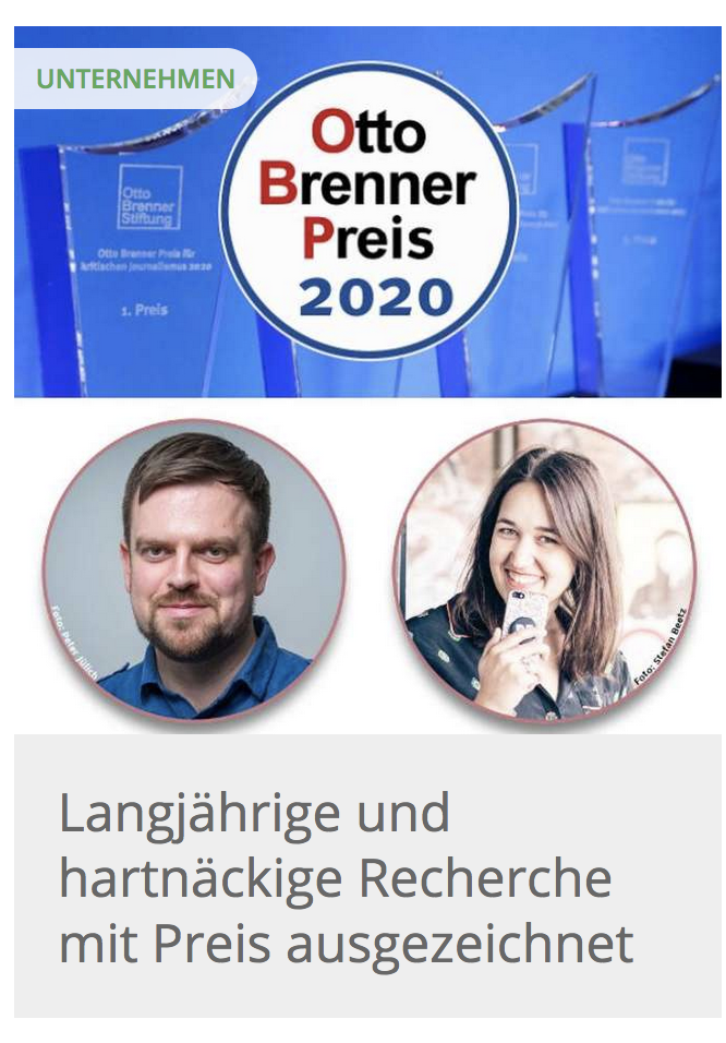 Abbildung Otto Brenner Preis 2020 – Ippen Digital wirbt mit einem Hinweis auf den Otto Brenner Preis 2020 für kritischen Journalismus, bei dem zwei Kolleg*innen der Mediengruppe ausgezeichnet wurden