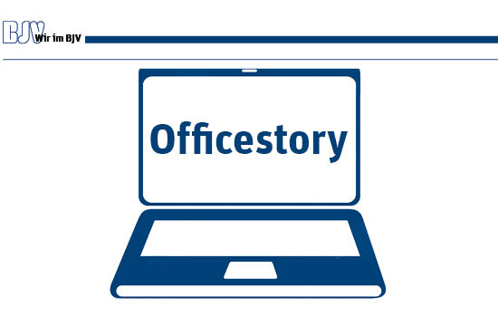 Schriftzug Officestory auf dem Bildschirm eines gezeichneten Laptops – Seit der BJVreport Ausgabe 5/2019 gibt es unsere Officestory