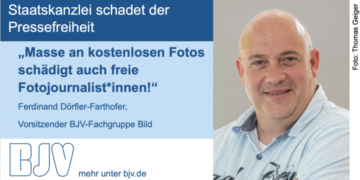 Porträtbild Ferdinand Dörfler-Farthofer mit Text: Staatskanzlei schadet der Pressefreiheit - „Masse an kostenlosen Fotos schädigt auch freie Fotojournalist*innen!“